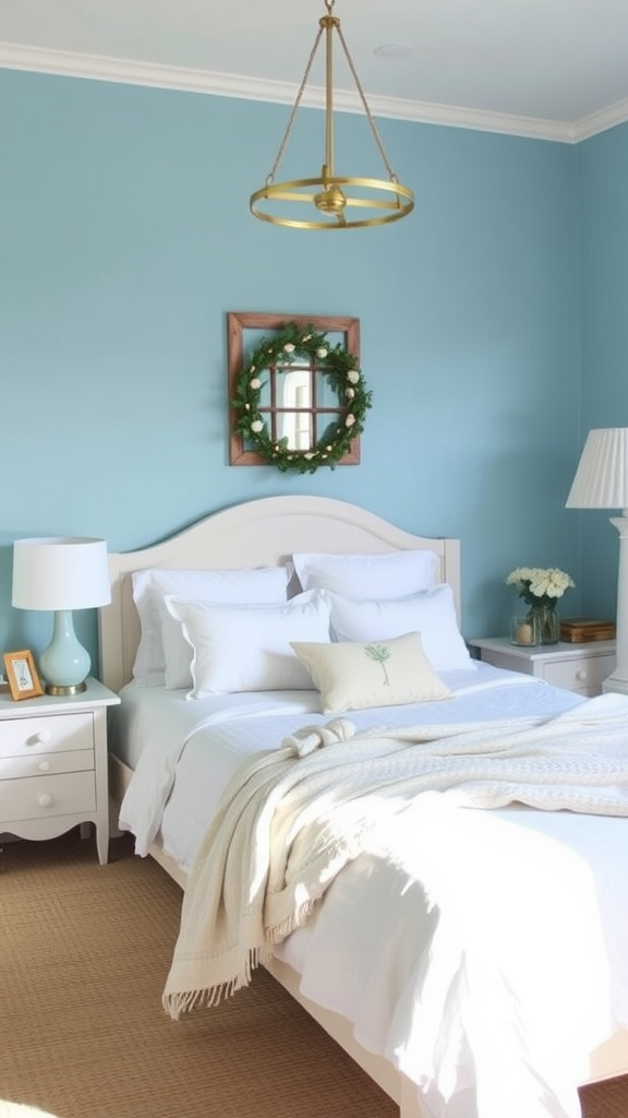 A tranquil bedroom with light blue walls, a cozy bed, and elegant decor.