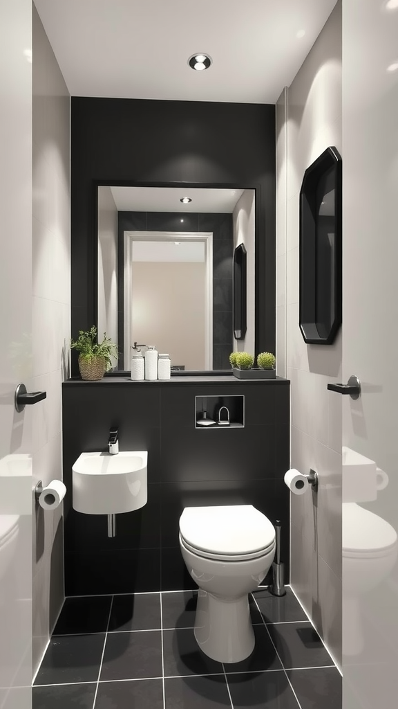 A stylish black and white bathroom with modern fixtures and small plants.