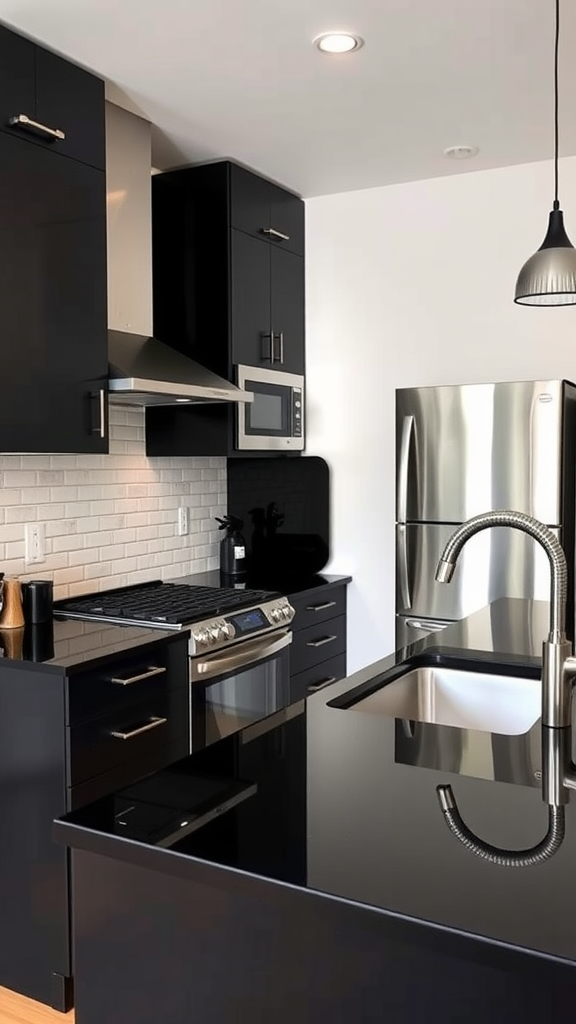 Modern kitchen with sleek black countertops and stainless steel appliances.