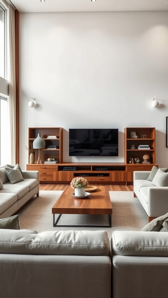 A modern living room featuring sleek lines, light-colored sofas, a wooden coffee table, and natural decor elements.