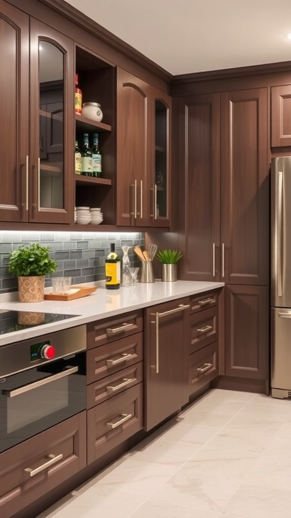 A modern kitchen with wooden cabinets and organized storage.