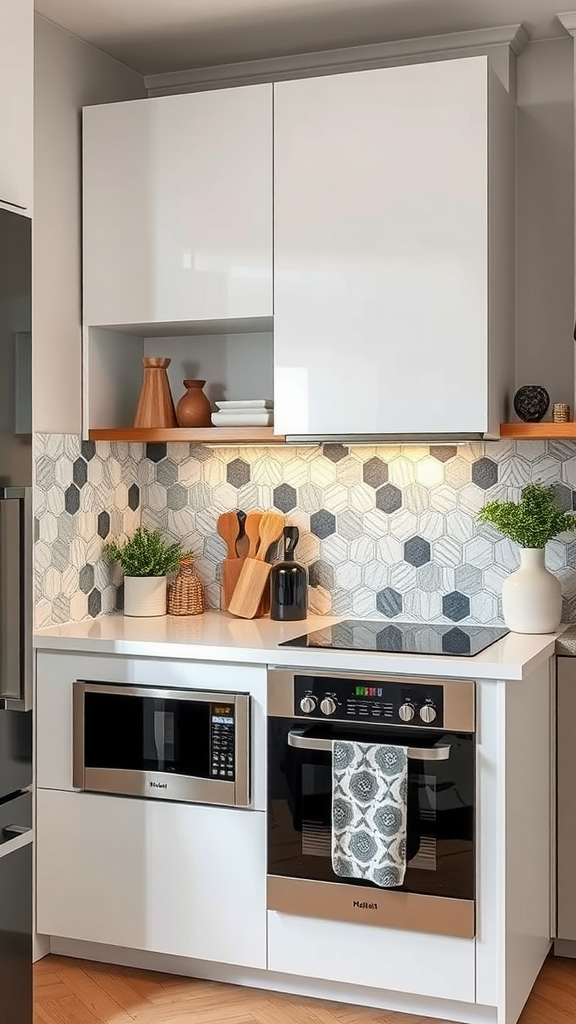 Modern kitchen with a geometric tile backsplash and sleek appliances.