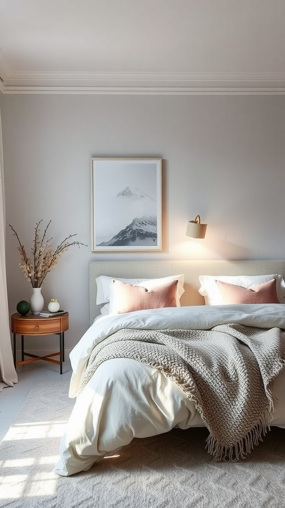 A cozy bedroom with a soft bed, warm light, and a mountain picture on the wall.