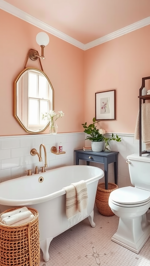 Cozy bathroom with blush pink walls and elegant decor.