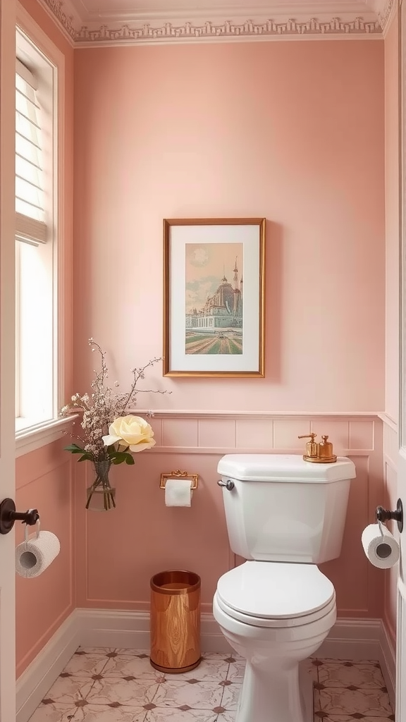 A blush pink bathroom with floral decor and a framed picture.