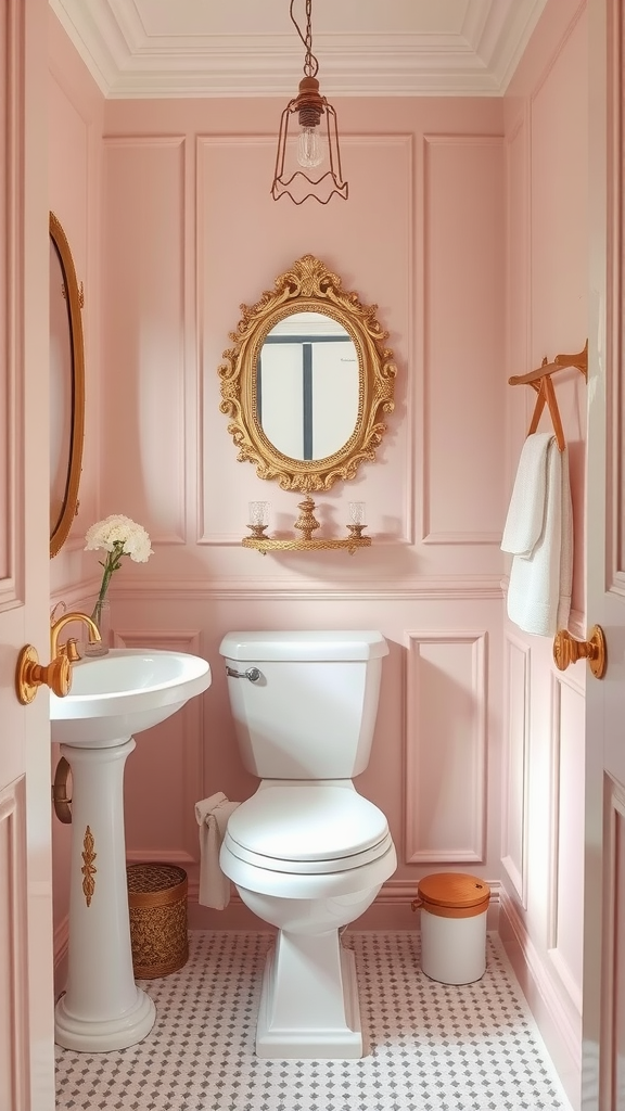 A stylish bathroom featuring soft blush walls, a decorative mirror, and elegant fixtures.