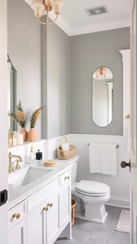 A bathroom featuring soft gray walls, white cabinetry, and elegant decor elements.