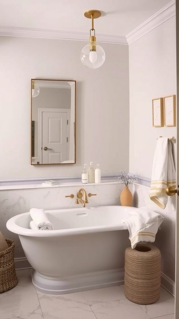 A serene bathroom featuring a soft greige color scheme, a freestanding tub, and natural decor elements.