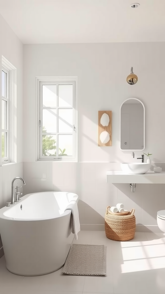 A bright and airy bathroom featuring soft neutral tones, a freestanding tub, and natural elements.