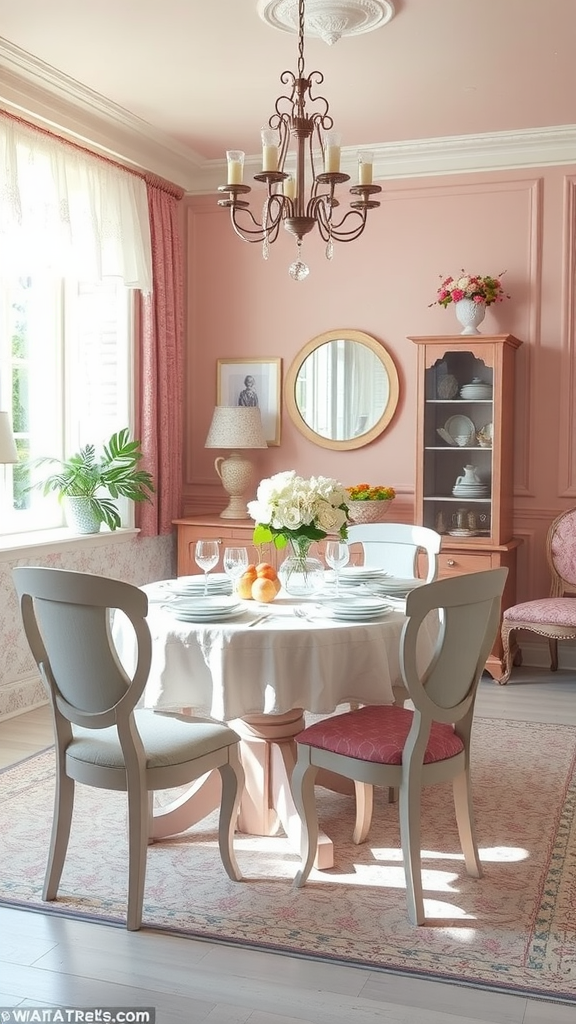 A cozy dining area with soft pastel pink walls, a round table set for a meal, and elegant decor.