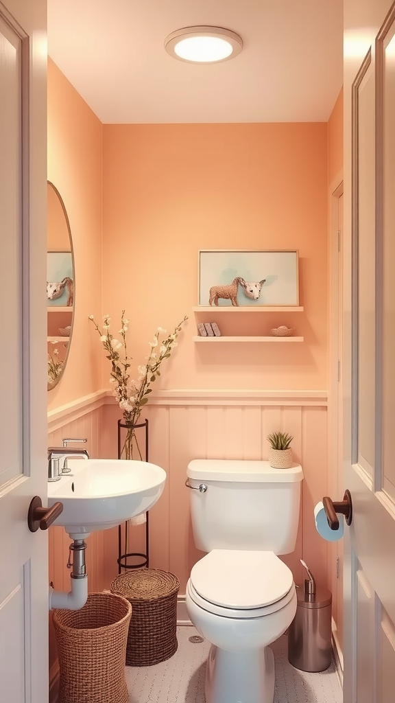 A cozy bathroom with soft peach walls, featuring a mirror, sink, and decorative elements.