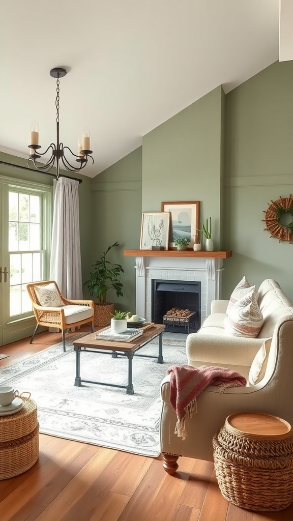 A serene living room featuring soft sage green walls, comfortable seating, and natural decor.