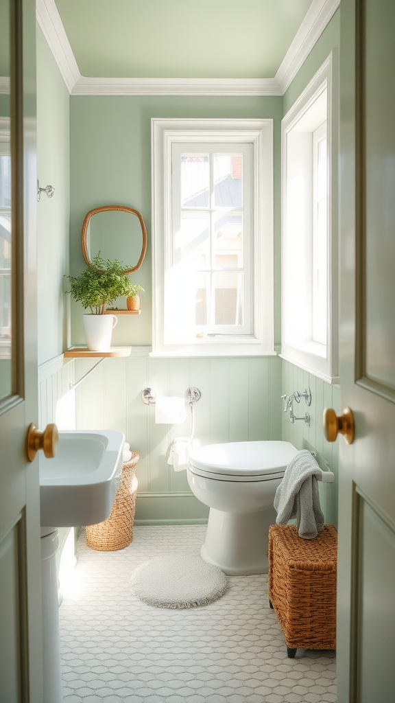 A serene bathroom with soft sage green walls and natural light.