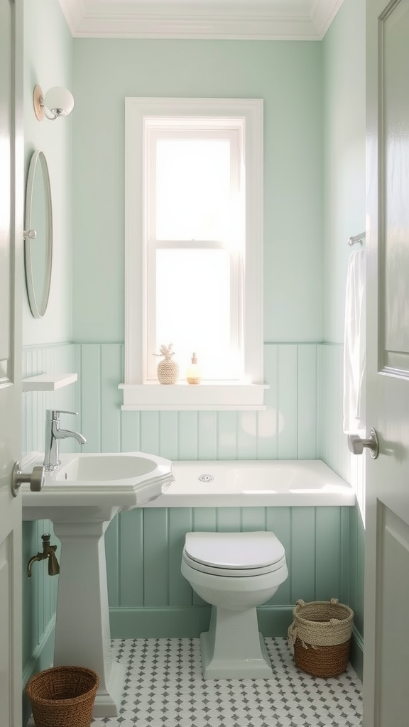 A serene bathroom painted in soft seafoam green, featuring a window, a sink, a toilet, and decorative baskets.