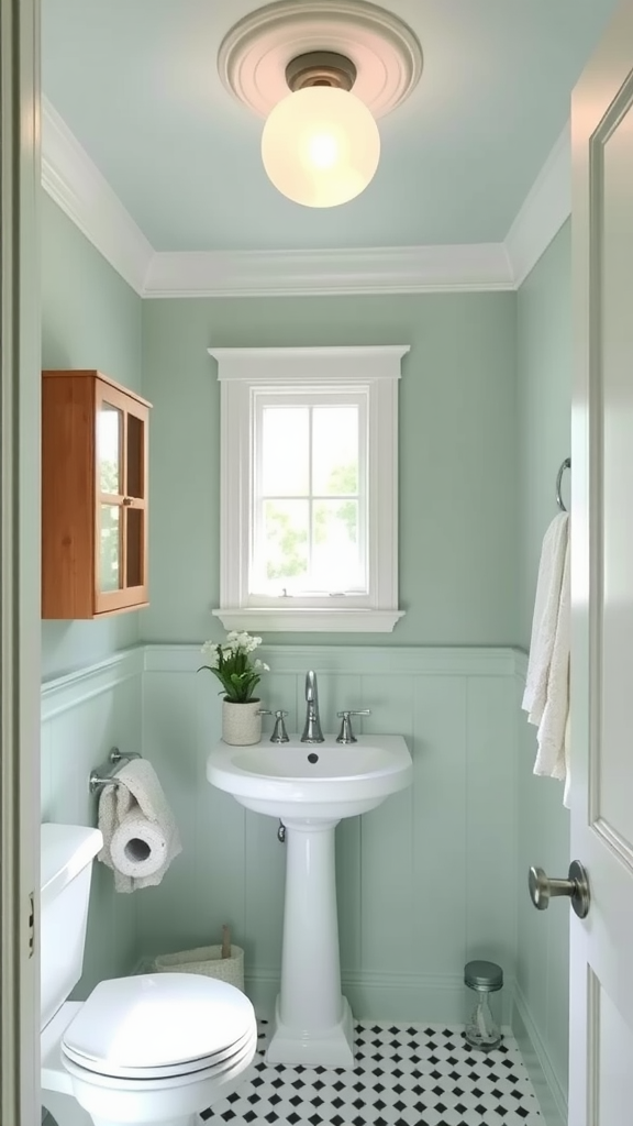 A small bathroom featuring soft seafoam green walls, a white sink, and a wooden cabinet.