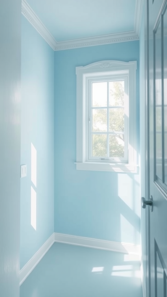 A serene corner with soft sky blue walls and a window allowing natural light in.