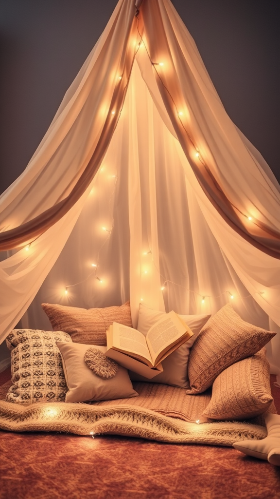 A cozy tent made of soft fabric with fairy lights, surrounded by plush pillows and an open book.