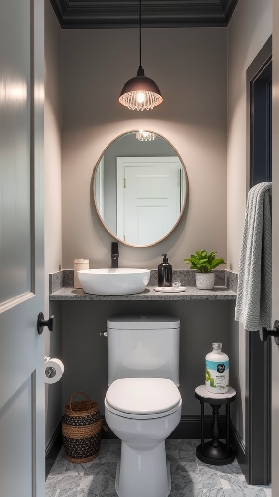 A modern bathroom featuring soft gray walls, a circular mirror, a sleek sink, and stylish decor.