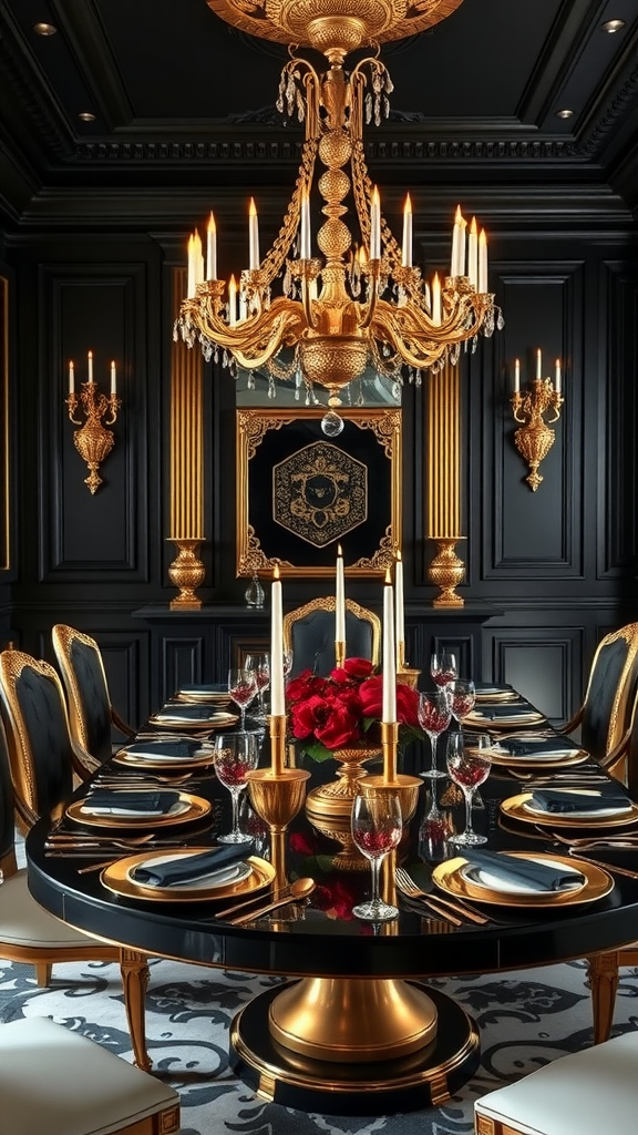 Luxurious dining room featuring a black and gold theme, with a grand chandelier, elegant table setting, and red roses.