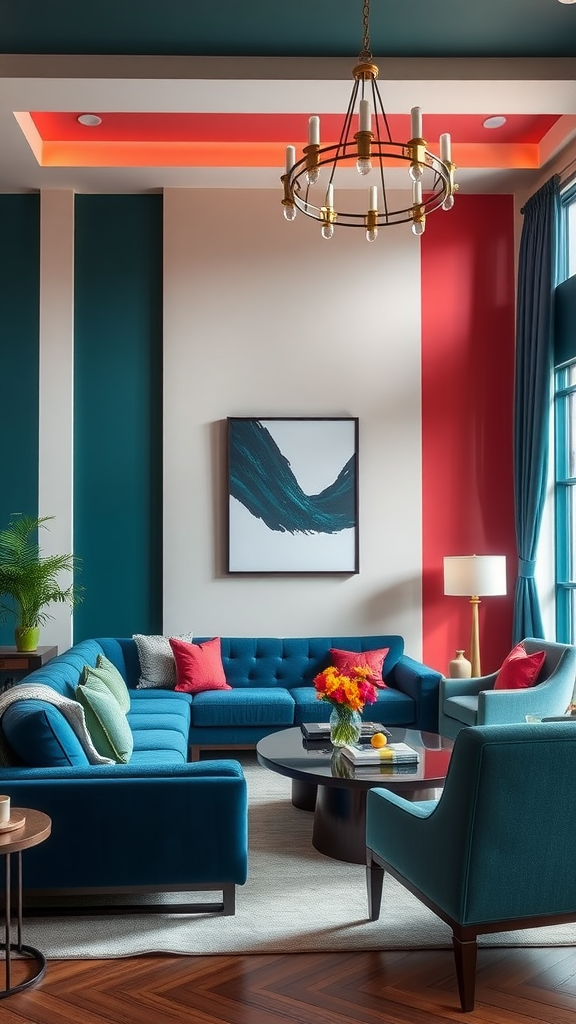 A stylish living room featuring color blocking with teal, red, and cream walls, complemented by a teal sofa with colorful pillows.