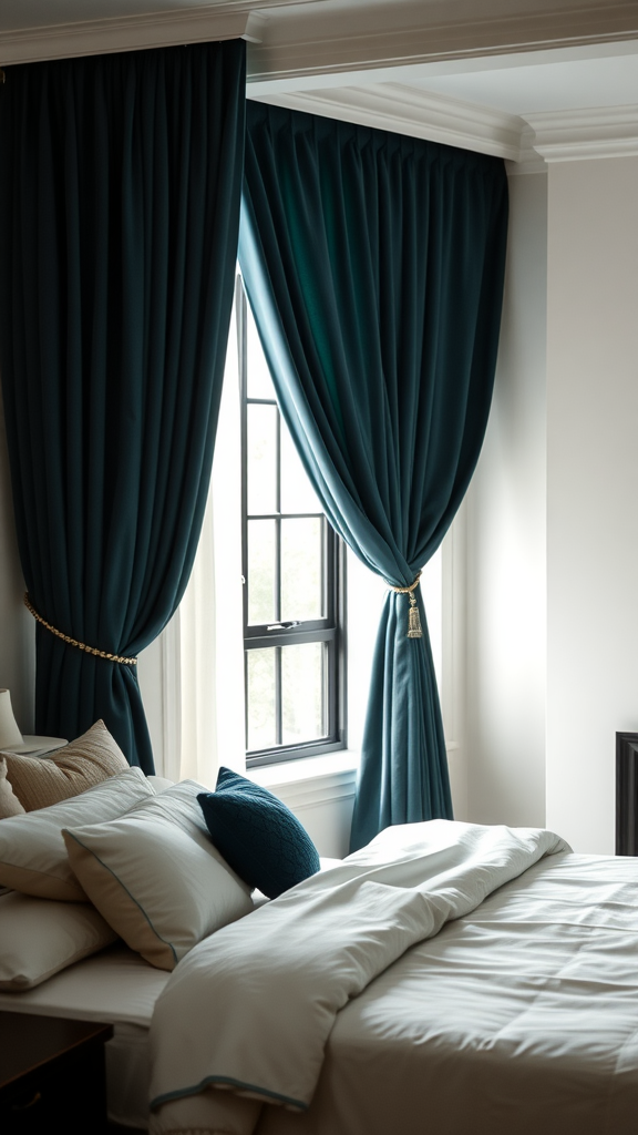 A cozy bedroom featuring dark teal curtains draped elegantly at a window, with a neatly made bed and decorative pillows.