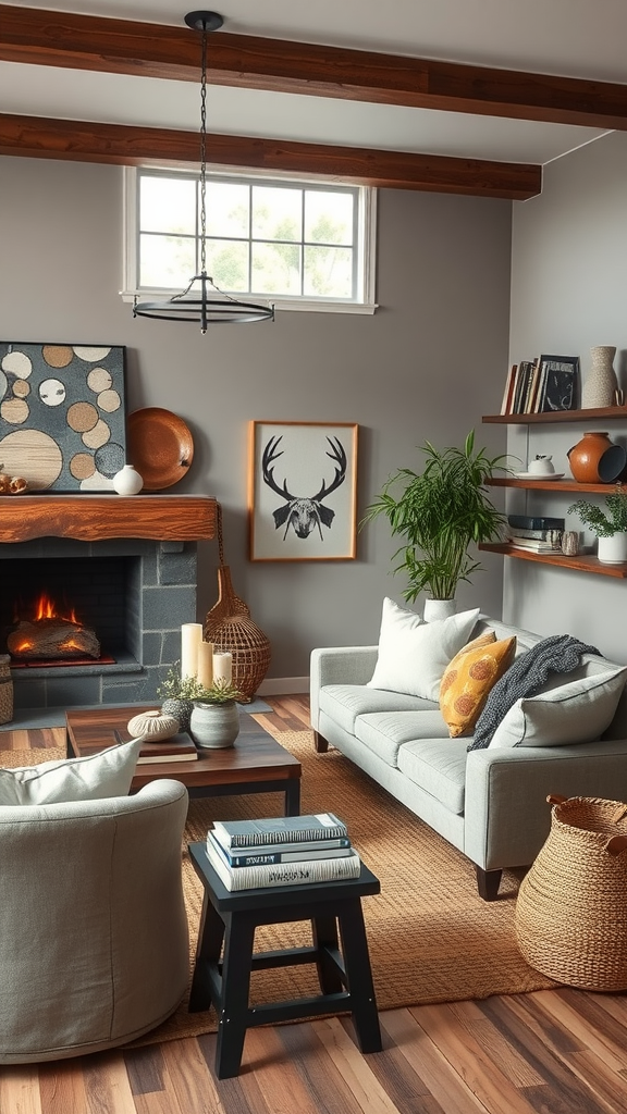 Cozy living room with gray walls, wooden beams, and rustic decor