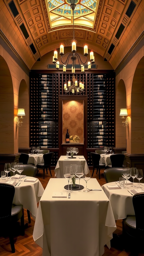 A sophisticated wine cellar integrated into an elegant dining room, featuring tables set for dining and a chandelier overhead.