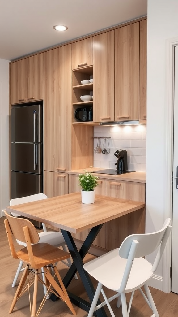 A cozy kitchen featuring a space-saving foldable dining table surrounded by stylish chairs.