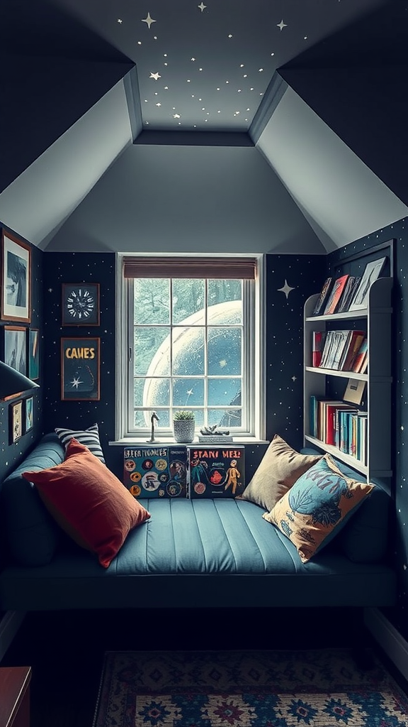 A cozy reading nook with a view of space, featuring starry walls, a large window, and comfortable cushions.