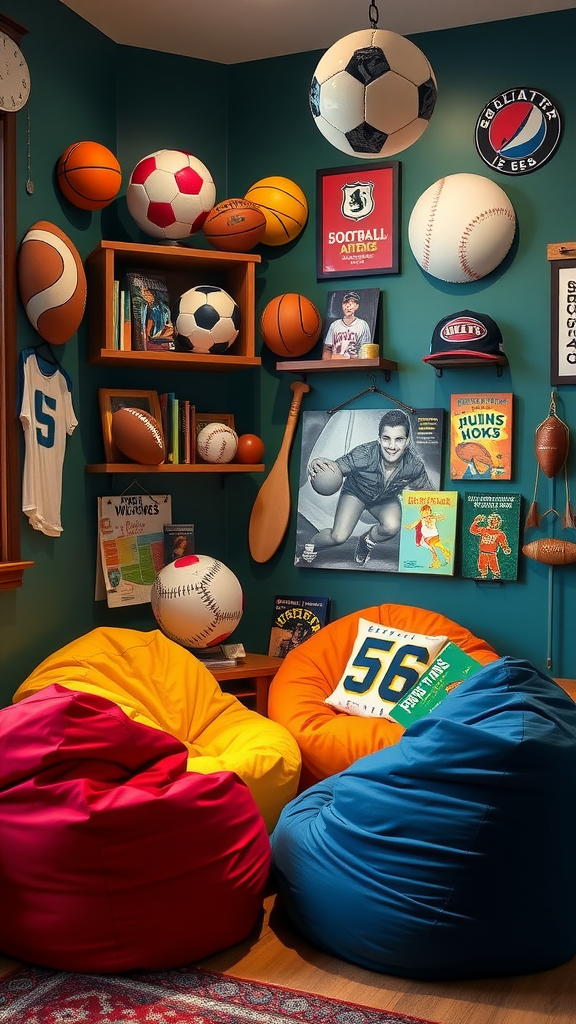 A vibrant sports-themed reading area with colorful bean bags and various sports memorabilia on the walls.