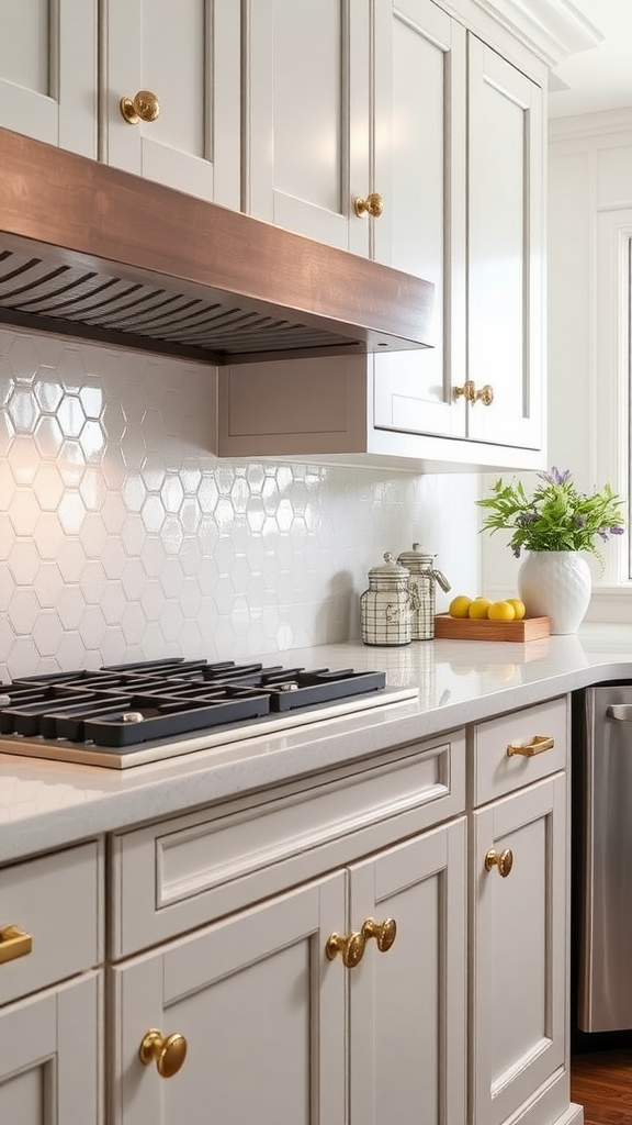 Stylish kitchen cabinetry with gold hardware and a modern stove.