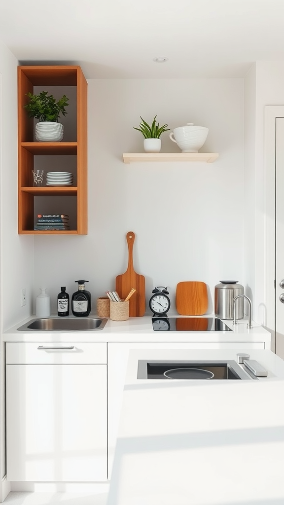 A modern kitchen with a minimalist design, featuring a sleek countertop, open shelves with plants, and a few kitchen essentials.