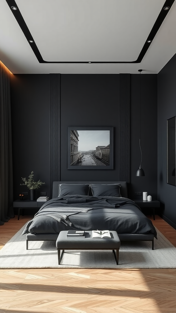 Modern dark bedroom with streamlined design featuring a black bed, fluffy cushions, and contemporary decor.