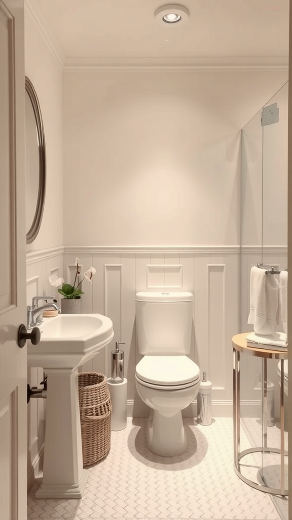 A cozy bathroom featuring cream-colored walls, a white toilet, and elegant fixtures.