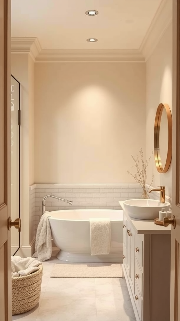 A cozy bathroom featuring a white bathtub, cream walls, and natural decor.