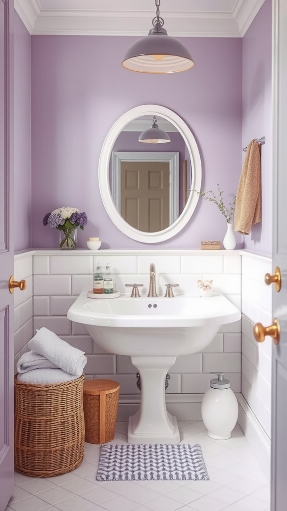 A cozy bathroom featuring lilac walls, a round mirror, and white fixtures.