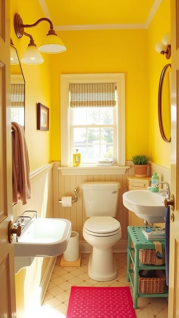 Bright yellow bathroom with a sink, toilet, and decorative elements.