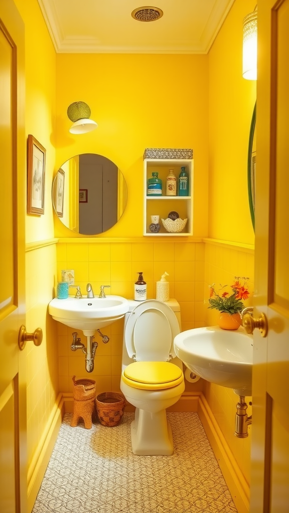 Bright yellow bathroom with a sink, toilet, and decorative items.