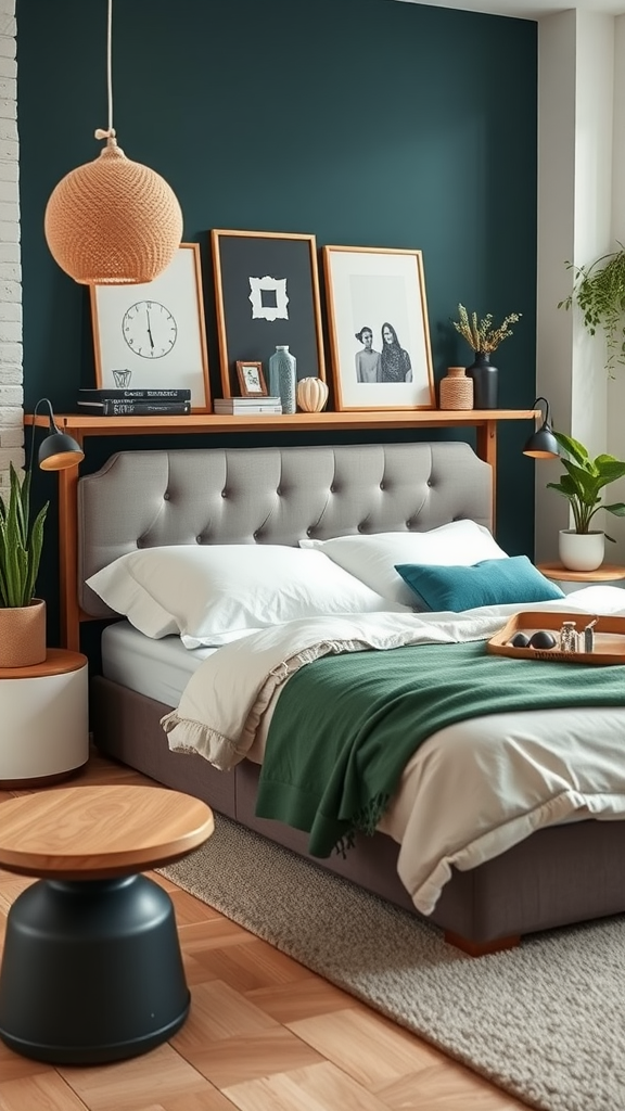 A cozy dark teal bedroom featuring a gray headboard, wooden accents, framed art, and plants.