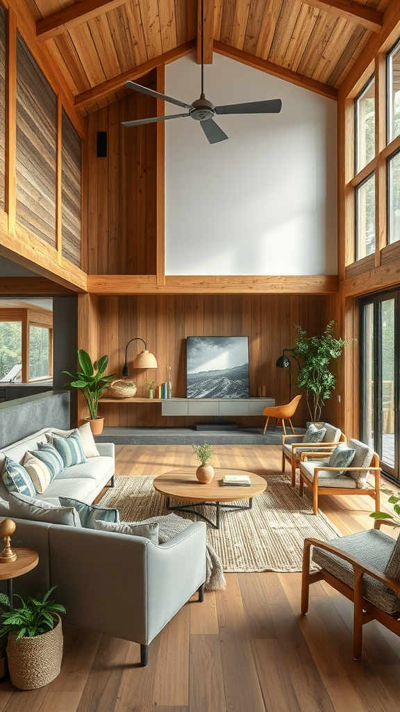 A cozy living room featuring rustic wooden walls, large windows, and stylish furniture.