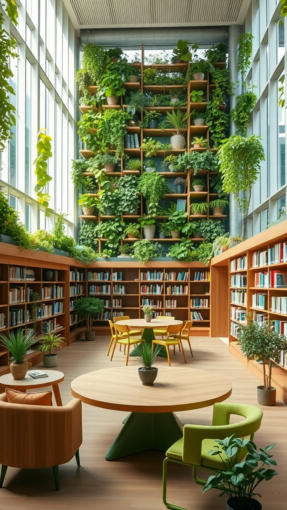 Interior of a sustainable eco-library with plants and bookshelves