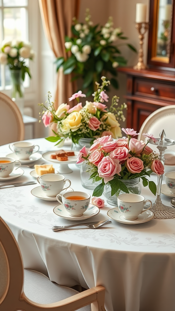 A beautifully set table for afternoon tea featuring delicate china cups, a floral centerpiece, and an assortment of pastries.