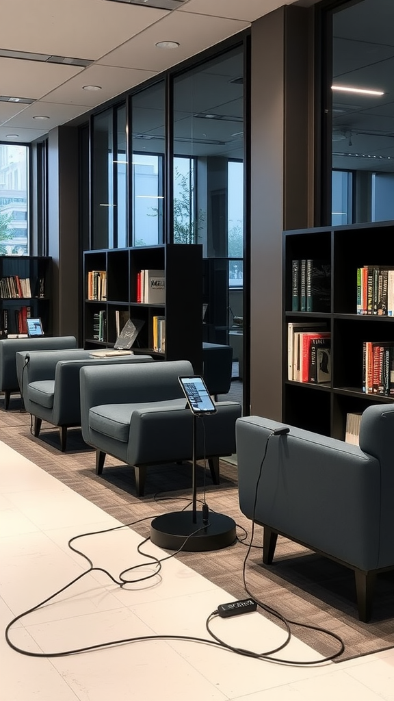 A modern reading space with blue chairs, bookshelves filled with books, and a charging station.