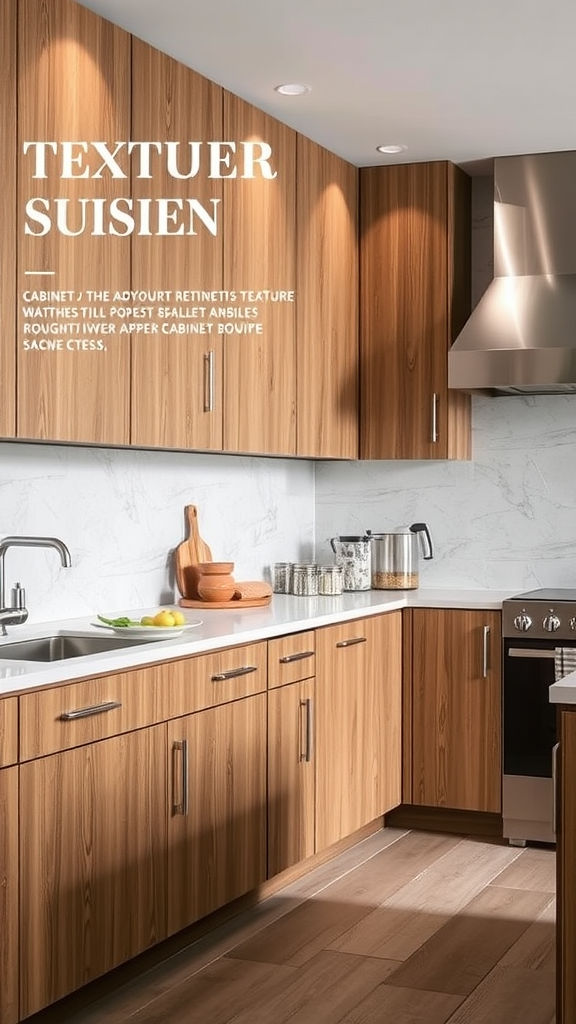 A modern kitchen featuring textured wooden cabinets with a sleek countertop and stainless steel appliances.