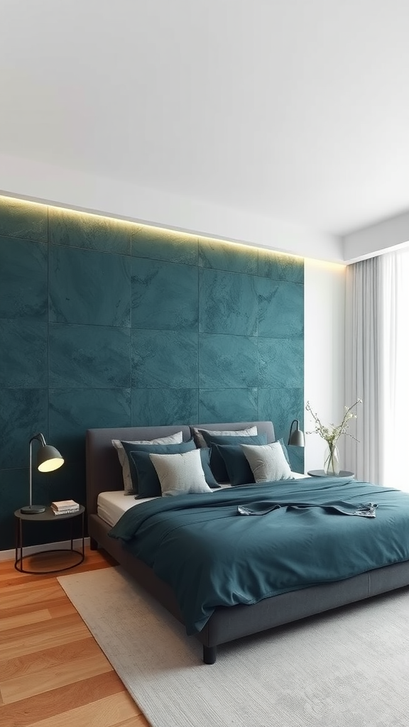 A modern bedroom featuring dark teal textured wall panels with a cozy bed and soft bedding.