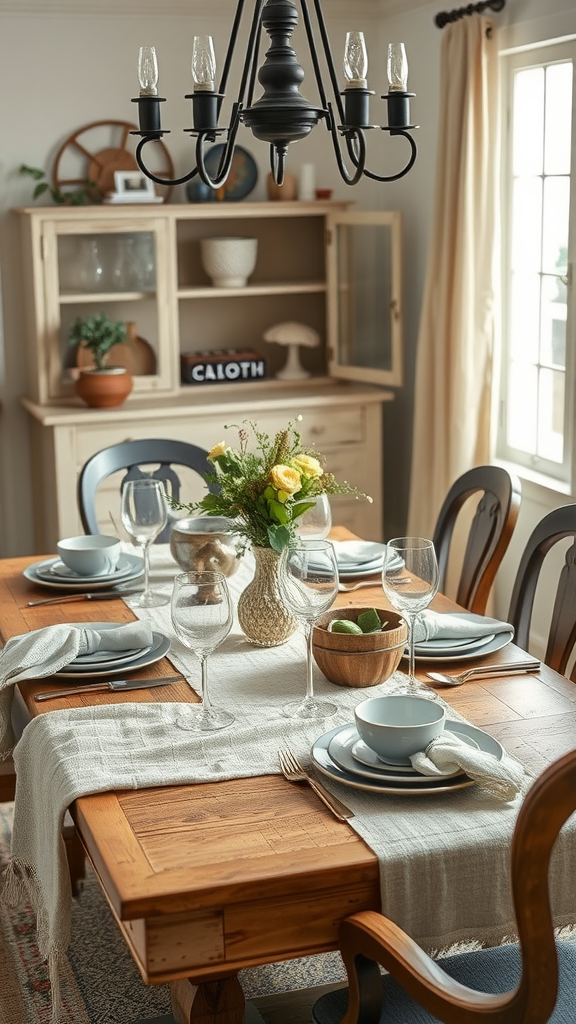 A dining table set with textured fabrics, featuring a table runner, elegant place settings, and a bouquet of yellow roses.