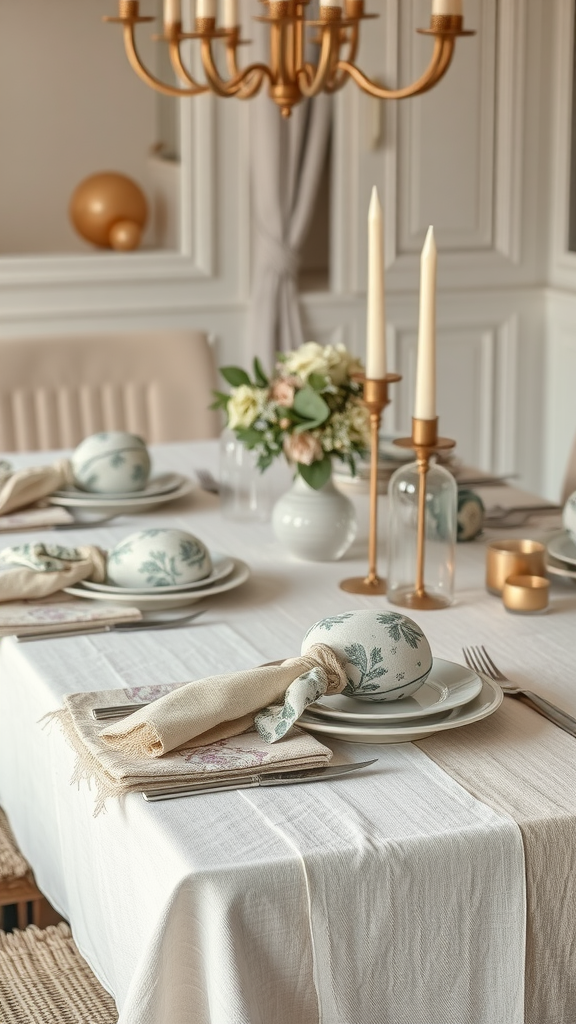 A beautifully set dining table featuring textured fabrics, elegant dinnerware, and a floral centerpiece.