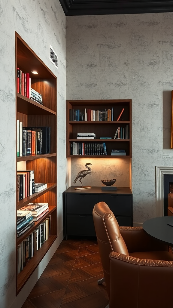 A cozy reading nook featuring textured walls and wooden book displays with warm lighting.