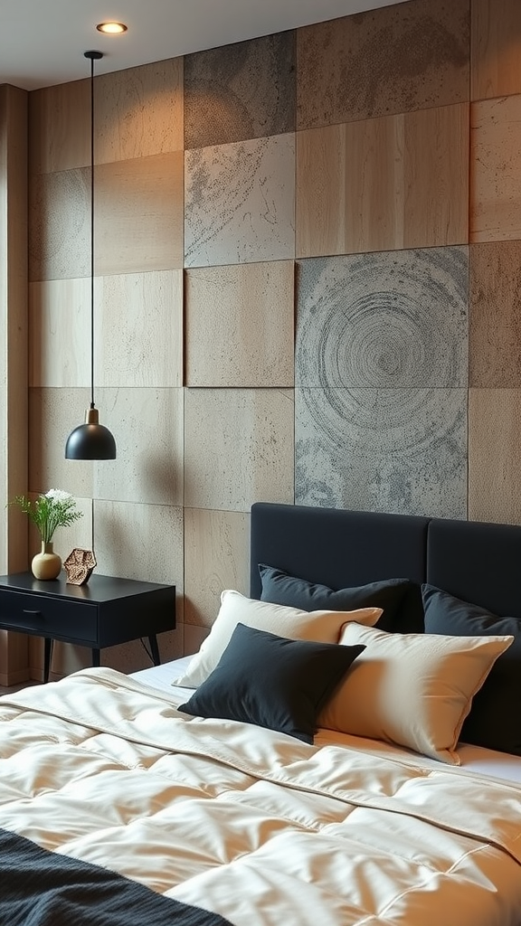 A modern bedroom featuring textured walls with wood and concrete finishes.