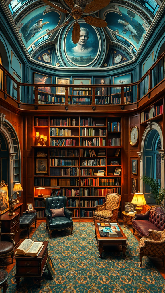 A beautifully decorated library with rich wooden shelves filled with books, cozy seating areas, and an ornate ceiling.